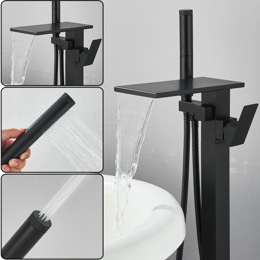 Matte Black Freestanding Tub Faucet With Handheld Sprayer Floor Mount Tub Filler