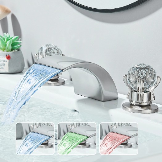 LED Bathroom Sink Faucet 3 Hole Widespread Basin Vanity Mixer Tap Brushed Nickel