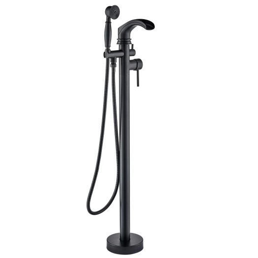 Black Freestanding Tub Faucet Set Waterfall Tub Filler W/Hand Shower Floor Mount