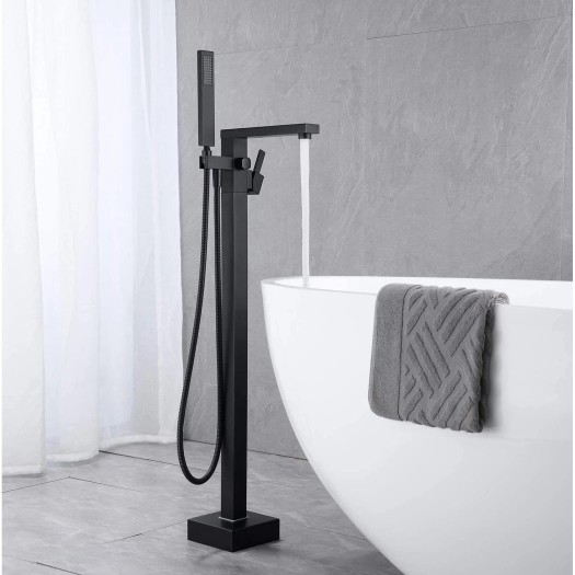 Matte Black Freestanding Floor Mount Tub Filler Bathtub Faucet With Hand Shower