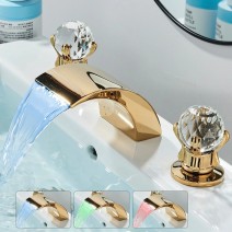 Gold Bathroom Sink Faucet 3 Holes Basin Vanity Mixer Taps LED Waterfall Spout