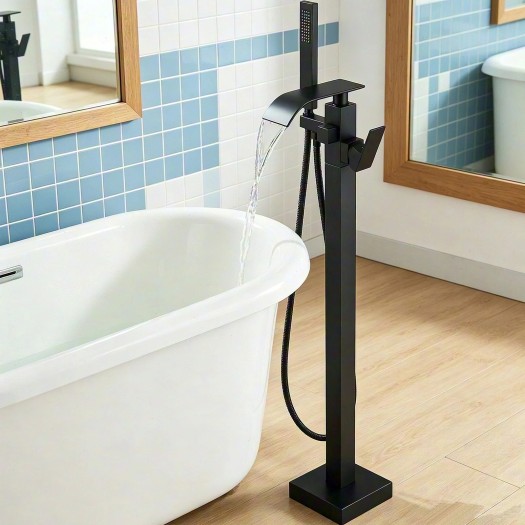 Black Bathtub Faucet Floor Mount Freestanding Waterfall Tub Filler W/Hand Spray