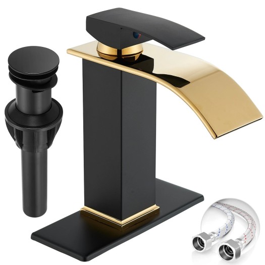 Black Gold Waterfall Bathroom Sink Faucet Single Handle Vanity Mixer With Drain