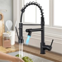 Black LED Kitchen Faucet Single Handle Swivel Sink Faucet With Pull Down Spray
