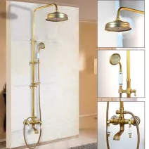 Antique Brass Shower Faucet Rain Round Head Hand Held Spray Wall Mount Mixer Tap