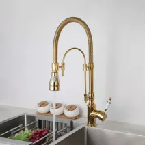 Pull Down Kitchen Sink Faucet Gold Single Hole Deck Mount Mixer Tap