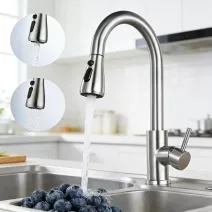 Kitchen Sink Faucet Brushed Nickel Single Handle Swivel Pull Down Sprayer Mixer