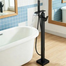 Black Bathtub Faucet Floor Mount Freestanding Waterfall Tub Filler W/Hand Spray