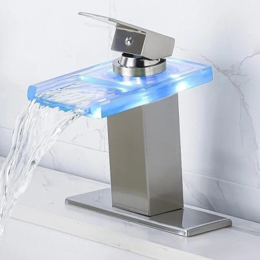 Brushed LED Waterfall Bathroom Sink Faucet Single Handle Glass Spout Mixer Tap