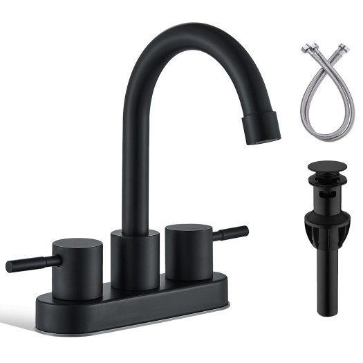 Black 4in Centerset Bathroom Sink Faucet 3 Hole Vanity Mixer 2 Handle With Drain