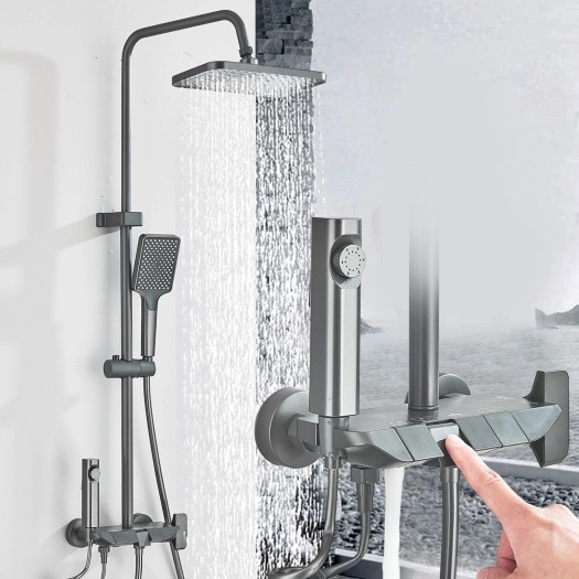 Gray Shower Faucet System Exposed Rainfall Shower Fixtures Set With Hand Shower