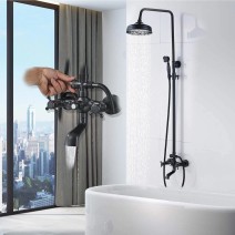 Matte Black Rainfall Bathroom Shower System Set Tub Filler Faucet W/Handshower