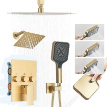 Brushed Gold Rainfall Shower System With 3 Settings Handheld Shower Faucet Set