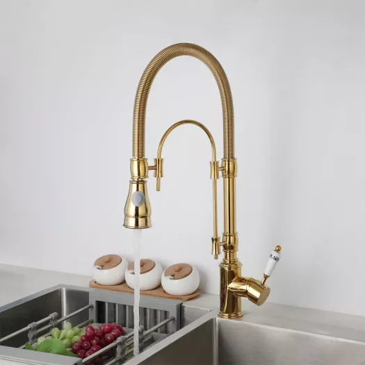 Pull Down Kitchen Sink Faucet Gold Single Hole Deck Mount Mixer Tap
