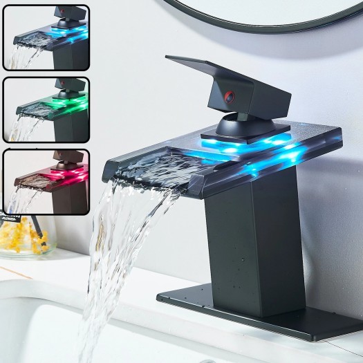 LED Bathroom Sink Faucet Matte Black Waterfall Single Hole Handle Vanity Faucets