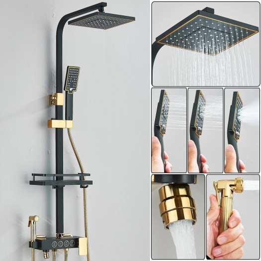 Black&Gold Shower Faucet Set 8in Rainfall Shower Head Exposed Shower System Kit