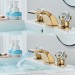 LED Waterfall Bathroom Sink Basin Faucet 3Holes Widespread Vanity Mixer Tap Gold - view 4
