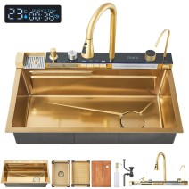 Flying Rain Stainles Steel Waterfall Kitchen Sink W Pull Down Faucet Gold 29.5in