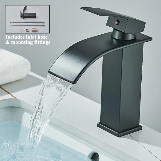 Matte Black Bathroom Basin Faucet Waterfall Sink Vanity Mixer Taps Single Handle