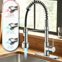 LED Kitchen Sink Faucet Brushed Nickel Single Handle Swivel Pull Down Sprayer