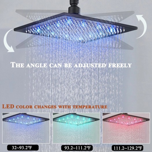 Black 16 Inch Rain Shower Head LED Light Rainfall Head Square Stainless Steel