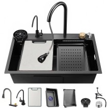 Flying Rain Stainles Steel Watefall Kitchen Sink W PullDown Faucet Black29.5INCH