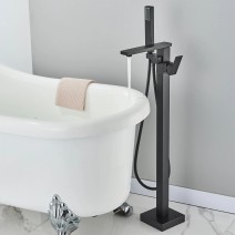 Floor Mount Bathroom Tub Filler Black Freestanding Bathtub Faucet W/ Hnad Shower