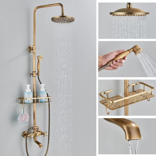 Antique Brass Shower Faucet System Exposed 8"Rainfall Shower Fixture Mixer Set