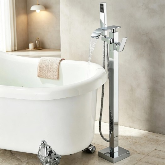 Chrome Freestanding Tub Faucet With Handheld Shower Floor Mount Bathtub Faucet