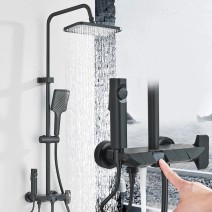 Black Rain Shower Faucet System Exposed Shower Fixtures Set With Handheld Shower
