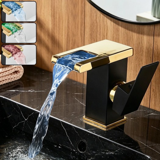 Black Gold Bathroom Sink Faucet Single Handle LED Waterfall Basin Vanity Mixer