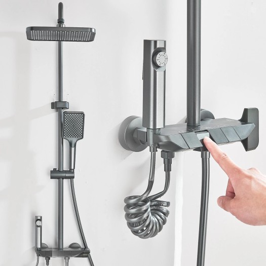 Bathroom Shower Faucet Fixture Gray 4Functions Shower System Rain Head Combo Kit