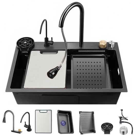 Flying Rain Stainles Steel Watefall Kitchen Sink W PullDown Faucet Black29.5INCH