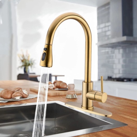 Kitchen Sink Faucet Brushed Gold Pull Down Sprayer Single Handle Mixer W/Cover