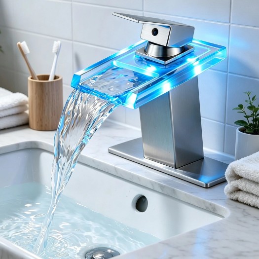 LED Waterfall Bathroom Faucet Single Handle Brushed Nickel Vanity Sink Faucet