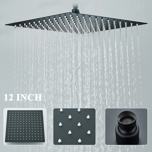 Black Rainfall Shower Head High Pressure 12 Inch Square Rain Showerhead Sprayer