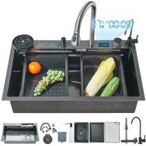29.5" Flying Rain Stainless Steel Waterfall Kitchen Sink With Faucet Single Bowl