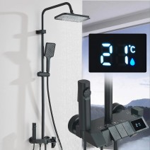 Black Rainfall Shower Faucet Set Bathroom Exposed Shower System With Mixer Valve