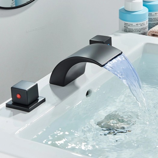 Matte Black LED Bathroom Sink Faucet 3 Hole Widespread 2 Handle Vanity Mixer Tap