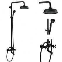 Black Exposed Tub Shower System Wall Mount 8Inch Rain Outdoor Shower Fixture Set