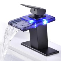 LED Matte Black Bathroom Sink Faucet Waterfall Glass Spout One Handle Mixer Tap