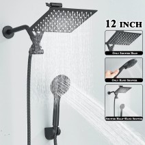 Black 12 In Rain Square Shower Head With Handheld Spray High Pressure Adjustable