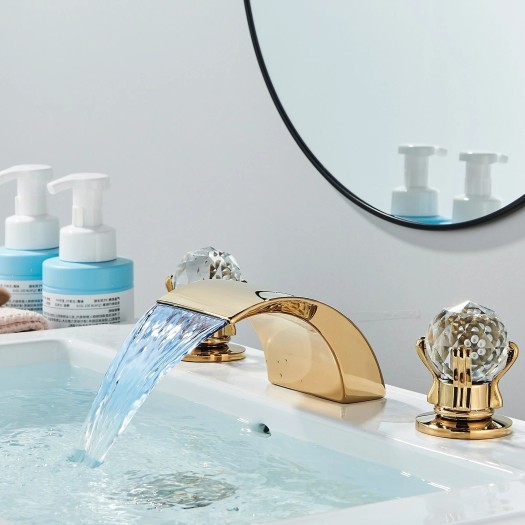LED Waterfall Bathroom Sink Basin Faucet 3Holes Widespread Vanity Mixer Tap Gold
