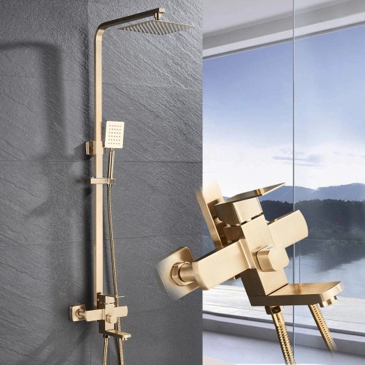Brushed Gold Exposed Square Rainfall Shower System Set With Handheld Shower Head