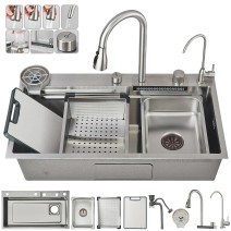 31.5" Flying Rain Waterfall Kitchen Sink Stainless Steel Single Bowl With Faucet
