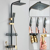 Black&Gold Shower Faucet Set 8in Rainfall Shower Head Exposed Shower System Kit