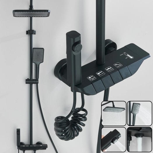 Exposed Bathroom Shower Faucet Set Shower Fixture Rainfall Shower Head Kit Black