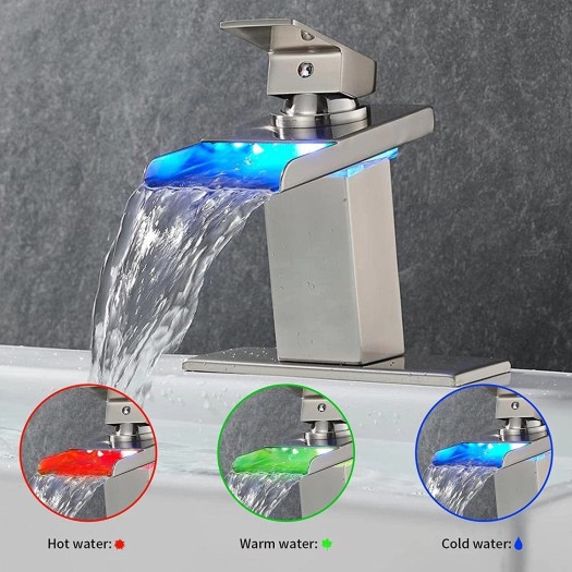 Brushed Nickel Bathroom Sink Faucet Single Handle LED Waterfall Vanity Faucet