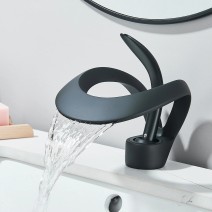 Matte Black Waterfall Bathroom Sink Faucet 1Hole Single Handle Vessel Vanity Tap