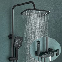 Black Shower System Rainfall Shower Faucet Fixtures Set W/Hand Shower Wall Mount